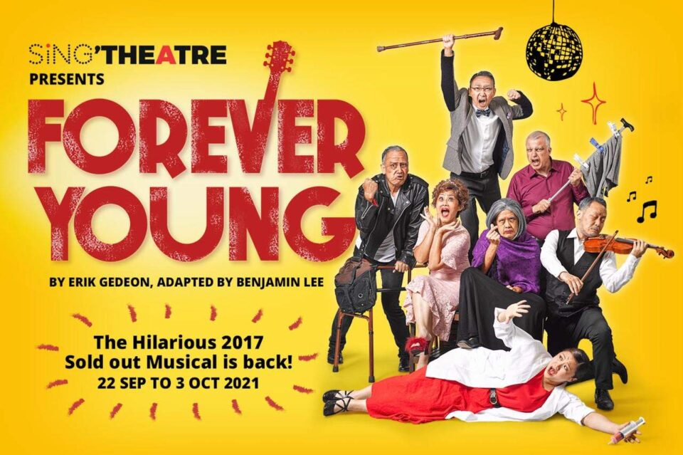 Sing'Theatre's Forever Young key visual on yellow: the cast in a group portrait with a violinist, a raised walking stick and a performer lying in a red dress
