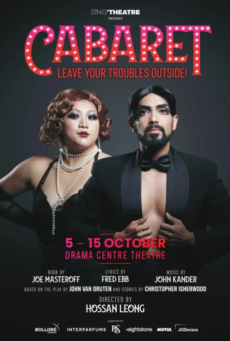 Sing'Theatre's Cabaret bus-stop poster: a performer in a corset dress and pearls behind a man in a black suit beneath the lit CABARET marquee, 5 to 15 October