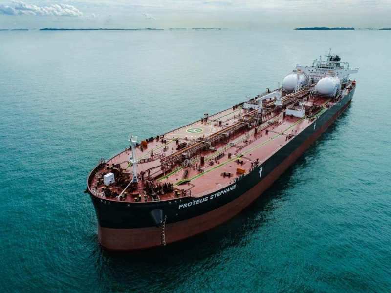 Aerial photograph of the laden tanker MT Proteus Stephanie at anchorage in Singapore waters — Singapore industrial photography, maritime aerial, aerial maritime photography