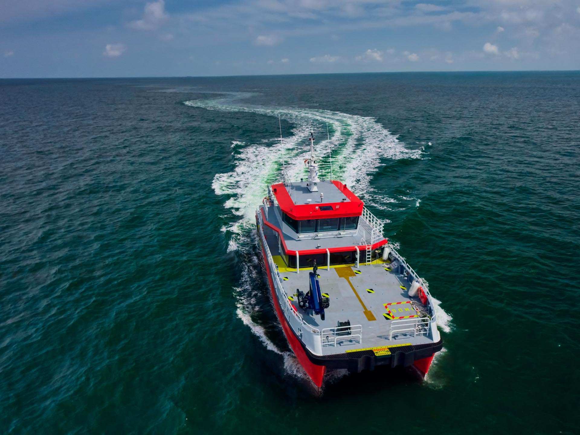 high speed aerila action photograhy and videography for 1st Brevity Class catamaran built in ASIA