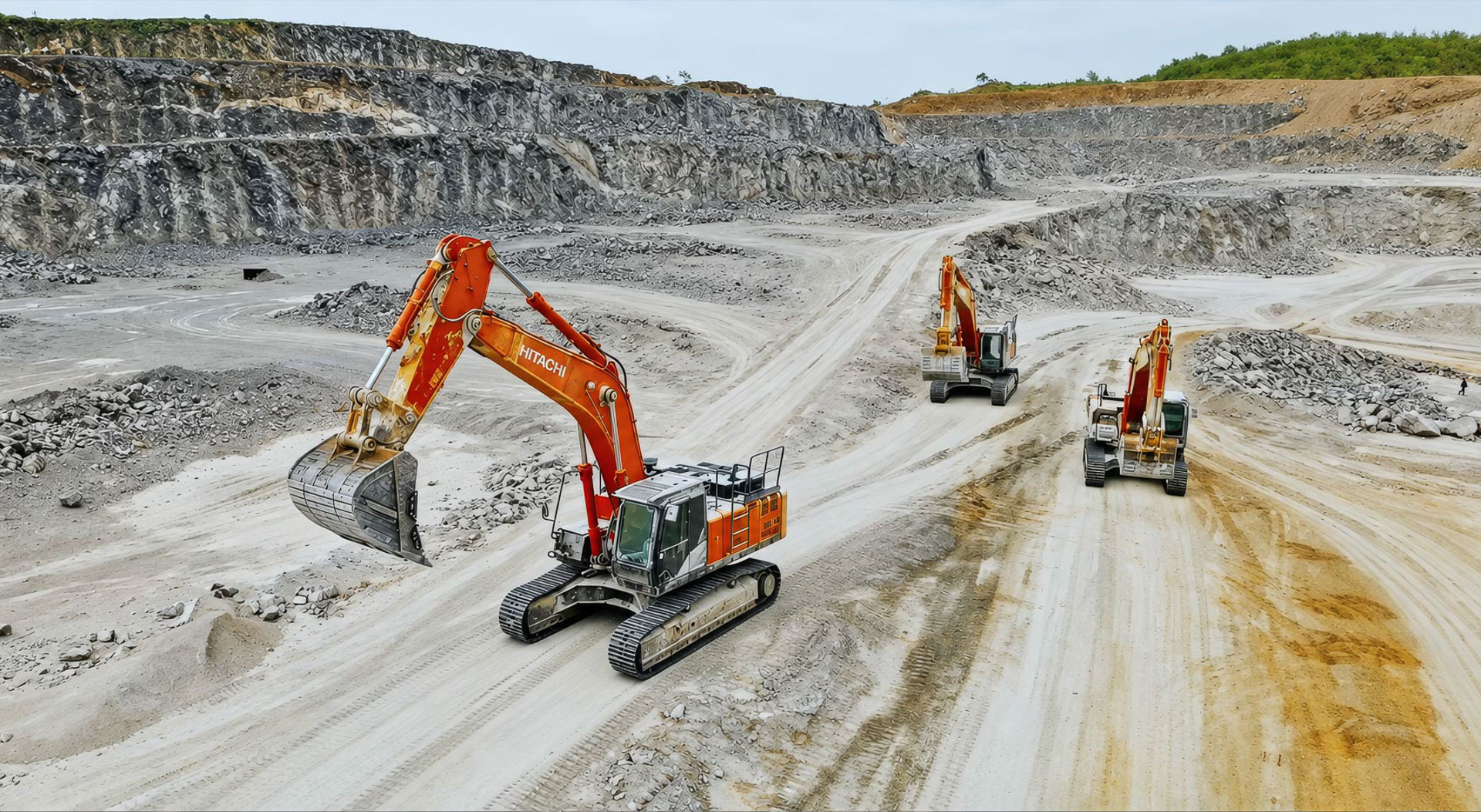 Hitachi excavators working a quarry floor, still from a construction machinery testimonial video by Tuckys Photography