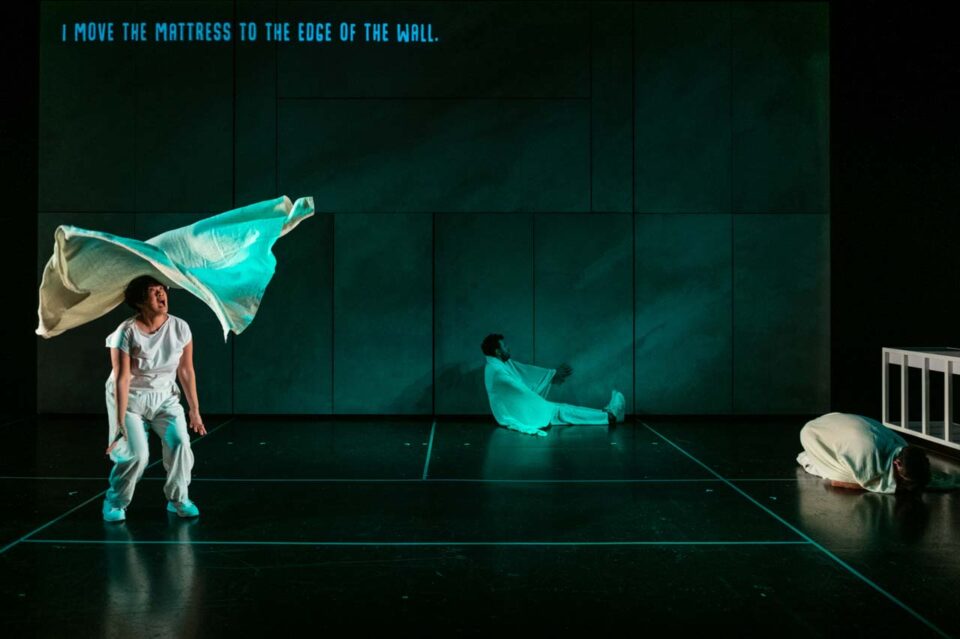 Singapore theatre photography: stage photography. A performer flings a sheet that hangs at full spread in the air, under the projected line I move the mattress to the edge of the wall, in Acting Mad