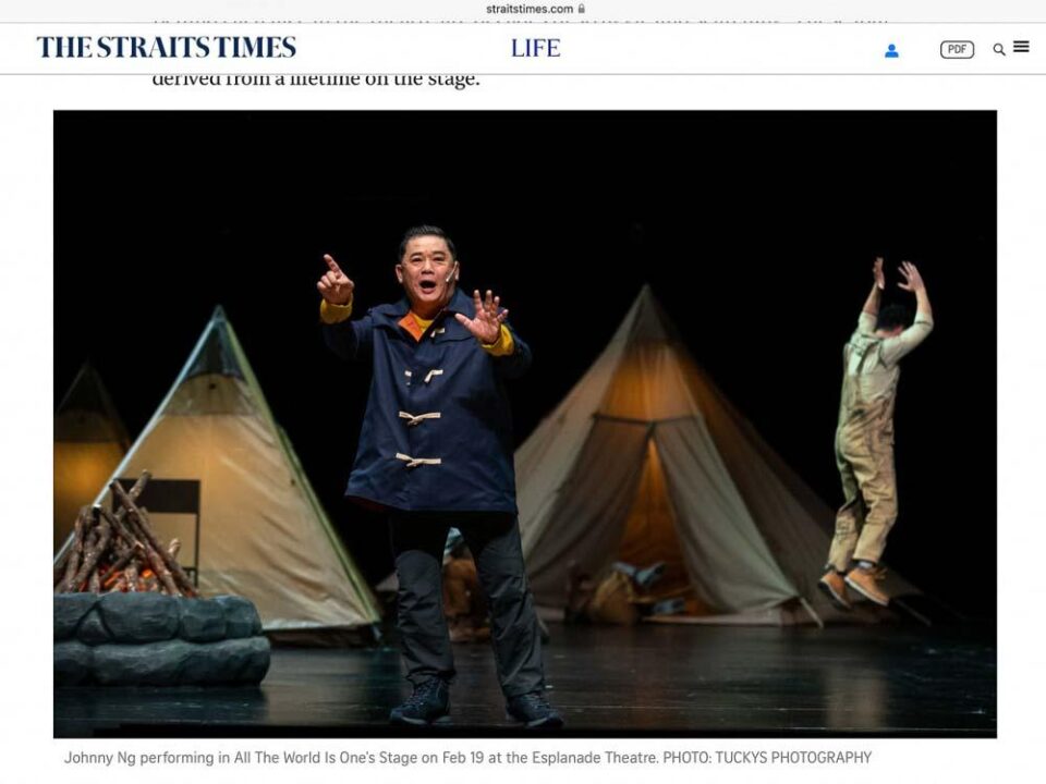 Singapore theatre photography: theatre press coverage. The Straits Times Life page with Tuckys Photography's image of Johnny Ng performing before canvas tents in All The World Is One's Stage