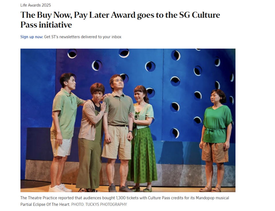 Singapore theatre photography: theatre press coverage. The Straits Times Life Awards 2025, with Tuckys Photography's image of five performers in The Theatre Practice's Partial Eclipse Of The Heart