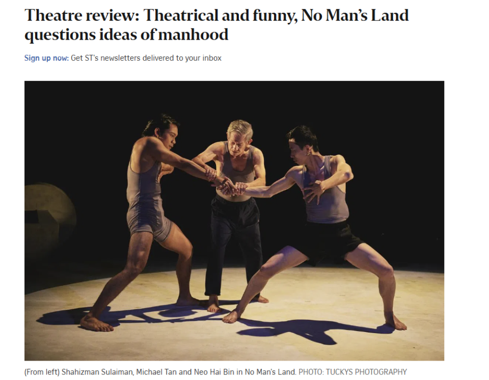 Singapore theatre photography: theatre press coverage. The Straits Times review of No Man's Land, with Tuckys Photography's image of three performers locked arm in arm under a single pool of light