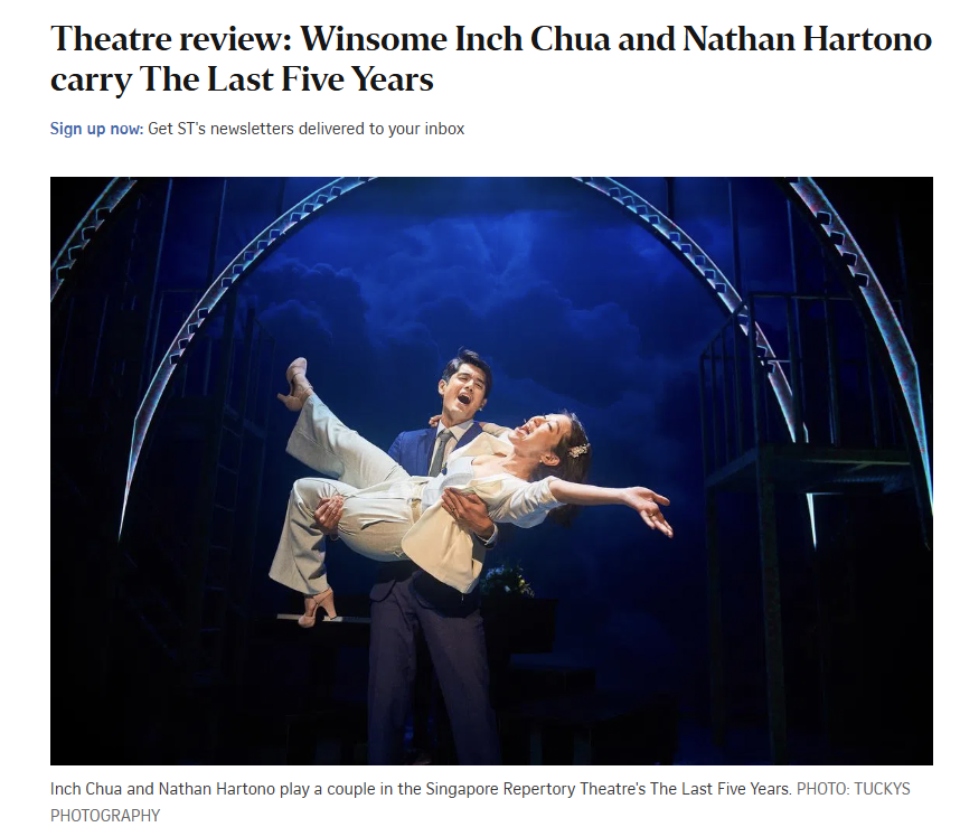 Singapore theatre photography: theatre press coverage. The Straits Times review of The Last Five Years, with Tuckys Photography's image of Nathan Hartono carrying Inch Chua mid-song