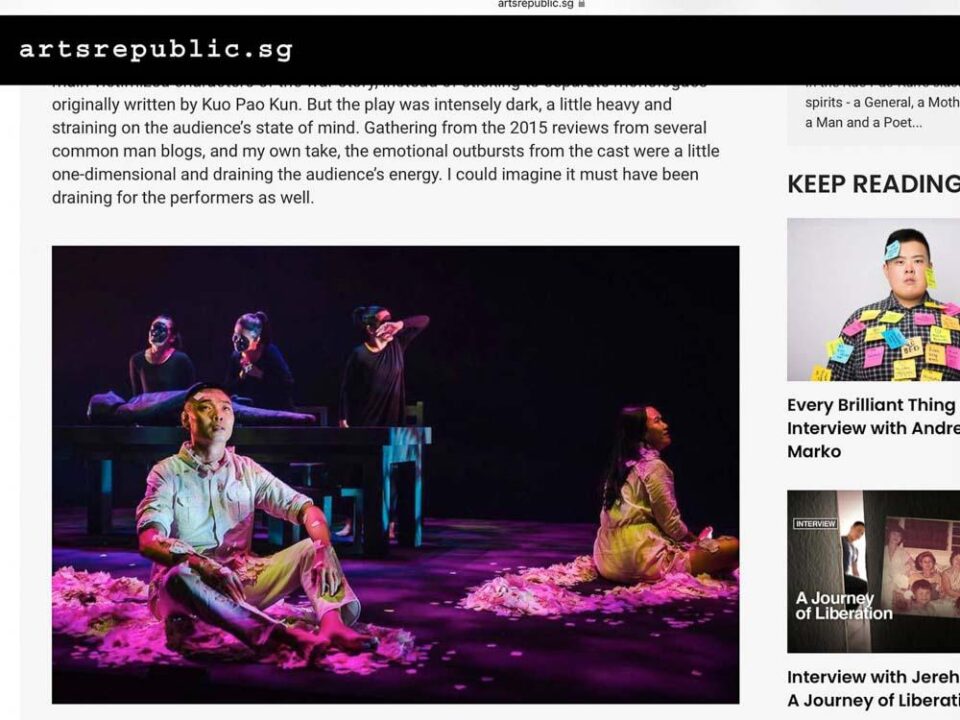 Singapore theatre photography: theatre press coverage. An ArtsRepublic review page with Tuckys Photography's image of The Spirits Play: a seated man and a woman among petals under magenta light