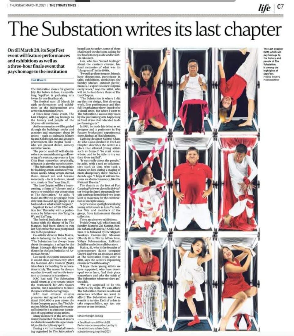 Singapore theatre photography: theatre press coverage. The Straits Times Life page on The Substation's last chapter, 11 March 2021, with Tuckys Photography's portrait grid of performers in red and white