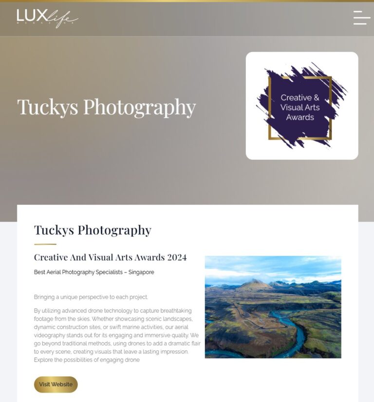 LUX Life Creative and Visual Arts Awards 2024 winner: Tuckys Photography, Best Aerial Photography Specialists – Singapore