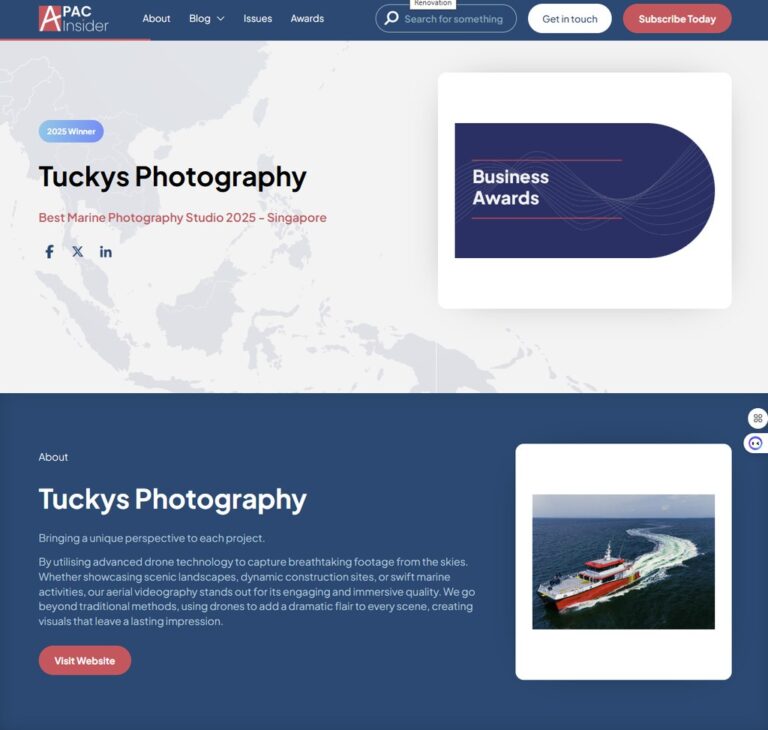 APAC Insider Business Awards winner: Tuckys Photography, Best Marine Photography Studio 2025 – Singapore
