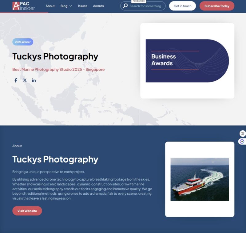APAC Insider Business Awards winner: Tuckys Photography, Best Singapore marine photography Studio 2025 – Singapore