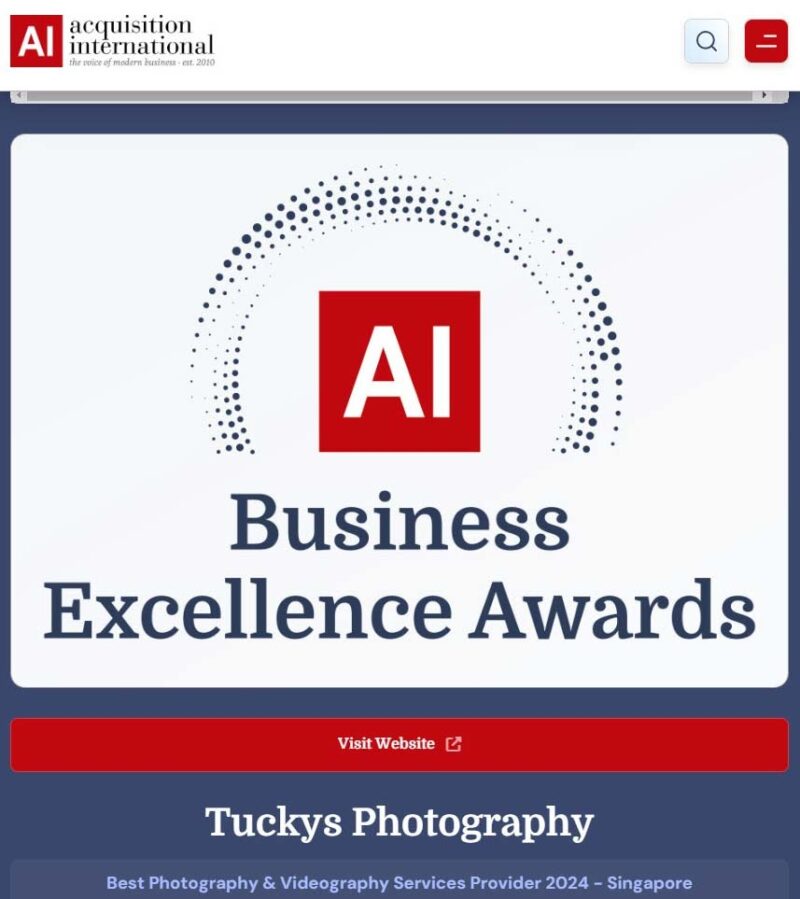 Acquisition International Business Excellence Awards winner: Tuckys Photography, Best Photography & Videography Services Provider 2024 – Singapore
